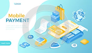 PayPass, NFC payments. Scanning QR code. Mobile contactless payment. POS terminal, phone and smart watch. Isometric vector