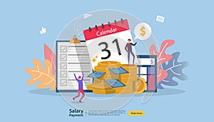 Payroll income concept. salary payment annual bonus. payout with paper, calculator, and people character. web landing page