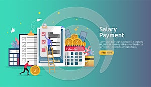 Payroll income concept. salary payment annual bonus. payout with paper, calculator, and people character. web landing page