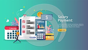 Payroll income concept. salary payment annual bonus. payout with paper, calculator, and people character. web landing page