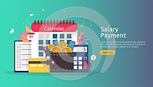 Payroll income concept. salary payment annual bonus. payout with paper, calculator, and people character. web landing page