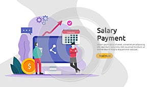 Payroll income concept. salary payment annual bonus. payout with paper, calculator, and people character. web landing page