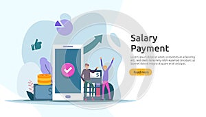 Payroll income concept. salary payment annual bonus. payout with paper, calculator, and people character. web landing page