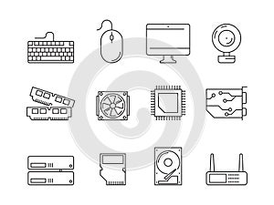 Pc components icons. Processor ssd cpu power adapter ram memory and hdd linear vector symbols isolated