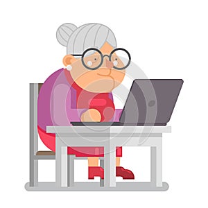 Pc computer granny with old lady education character cartoon flat design vector illustration