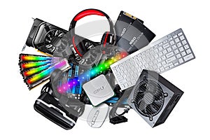 Pc computer hardware components electronics collage. cpu micro processor graphics card power supply ddr ram headset vr glasses photo