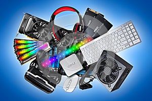 Pc computer hardware components electronics collage. cpu micro processor graphics card power supply ddr ram headset vr glasses