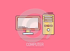 Pc computer icon in comic style. Desktop cartoon vector illustration on white isolated background. Device monitor splash effect