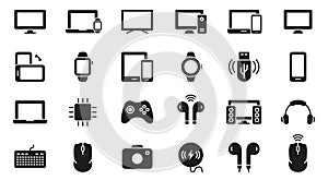 PC, Computer, Monitor, Smartphone, Camera, Keyboard, Headphone Silhouette Icon Set. Electronic Wireless Equipment Glyph