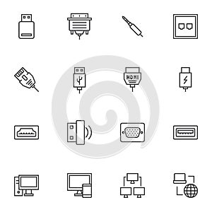 PC connectors and sockets line icons set