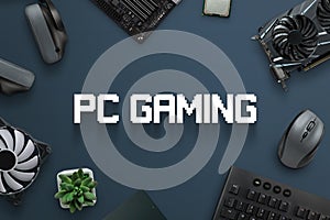 PC gaming concept scene with text and gaming computer components photo