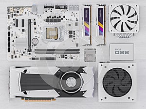 PC hardware components on white wood. 3d rendering