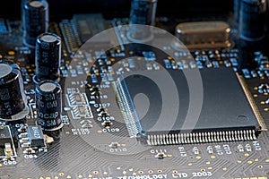 PC microchip, circuit board, computer technology. High tech industry background of details of electronic cpu chip