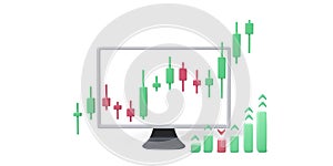 PC monitor with candlestick chart on screen and bar graph. Stock market and cryptocurrencies trading platform