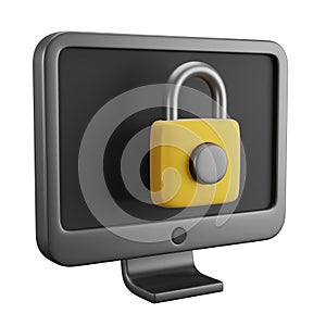 Pc monitor with closed padlock, internet security and virus protection web technology icon