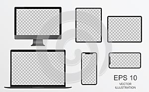 PC Monitor, Laptop, Tablet, Smartphone in Black, Silver and White with Reflection - Realistic Vector