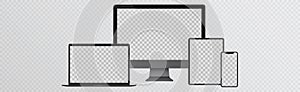 PC Monitor, Laptop, Tablet, Smartphone in Black, Silver and White with Reflection - Realistic Vector