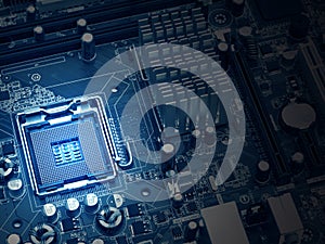 PC motherboard closeup, blue tone