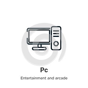 Pc outline vector icon. Thin line black pc icon, flat vector simple element illustration from editable arcade concept isolated