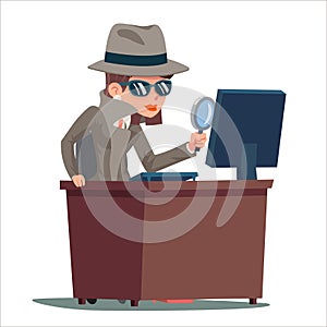 PC search woman snoop detective magnifying glass tec agent online cartoon design vector illustration