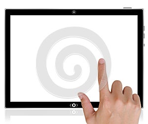 PC tablet computer and hand pushing a button.