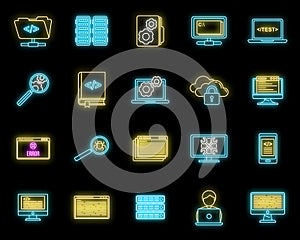 Pc testing software icons set vector neon