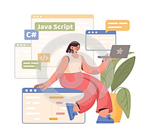 PC work. Computer programmer character. Browser windows. Web software. Programming script. Developer sitting on website frame with