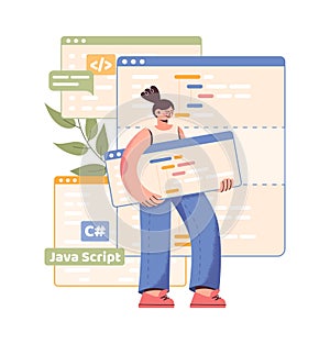 PC work. Computer programmer character. Browser windows. Web software. Programming script. Developer sitting on website frame with