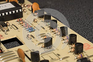 PCB circuitry with photo diode, laser, resistors, microchips, electronic components