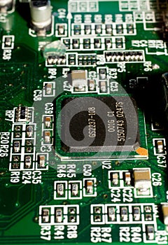 PCB circuitry with photo diode, laser, resistors, microchips, electronic components