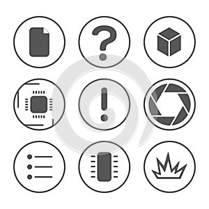 PCB development icons set. Microcircuit, documentation, testing, and photo outline icons