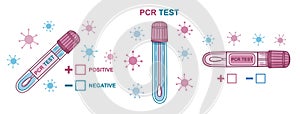 PCR Coronavirus rapid test. Tube with laboratory sample. Nasal swab probe. Testing on Covid-19 viral infection. Vector