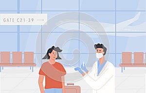 PCR testing at airport poster. Concept of travelling with fit to fly certificate. Covid test before departure or on photo