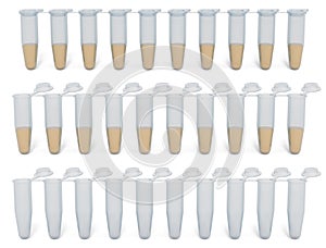 PCR tubes attached lids. Opened lids, closed and PCR tubes lids with samples. 3D rendering