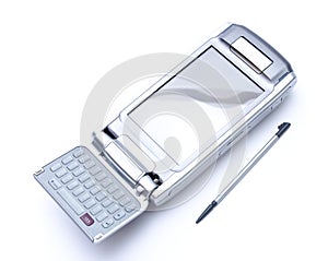 PDA with stylus and flip keyboard on white backgro