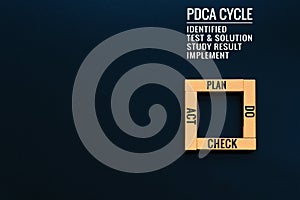 PDCA cycle process improvement, Action plan strategy. wooden square on the black backgrounds with text PLAN, DO, CHECK and ACT