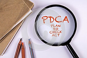 PDCA Plan Do Check and Act. Pencils and magnifying glass on a white background