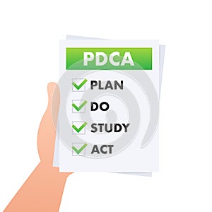 PDCA - Plan Do Check Act, quality cycle. Improvement tool. Vector stock illustration.