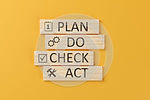 PDCA, plan - do - check - act, schema on wooden blocks over orange background, business or quality control strategy concept