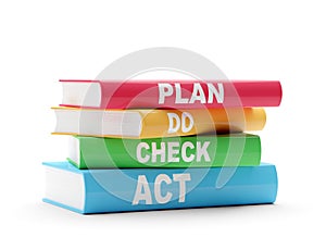 PDCA, plan - do - check - act,  scheme on red, yellow, green and blue books over white background, quality control, design model