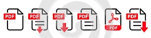 PDF file format icons set. PDF file download symbols. Format for texts, images, vector images, videos, interactive forms - stock