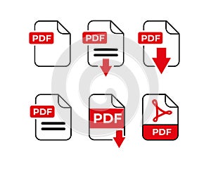 PDF file format icons set. PDF file download symbols. Format for texts, images, vector images, videos, interactive forms