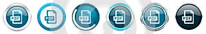 Pdf file silver metallic chrome border icons in 6 options, set of web blue round buttons isolated on white background