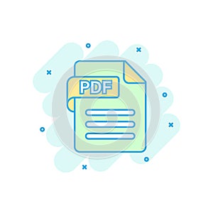 Pdf icon in comic style. Document text vector cartoon illustration on white isolated background. Archive splash effect business