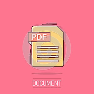 Pdf icon in comic style. Document text vector cartoon illustration on white isolated background. Archive splash effect business
