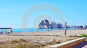 PeÃ±iscola beach with castle in the background, CastellÃ³n photo