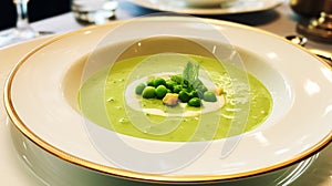 Pea cream soup in a restaurant, English countryside exquisite cuisine menu, culinary art food and fine dining