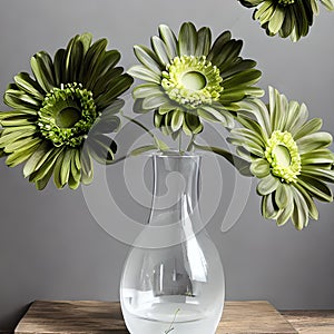 Pea-green flowers in a roundish translucent glass vase by Generative AI