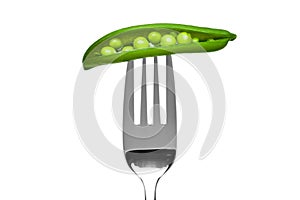 Pea pod on a fork isolated on white