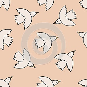 Peace bird fly seamless pattern. Spring folk boho aesthetic background design. Vector illustration